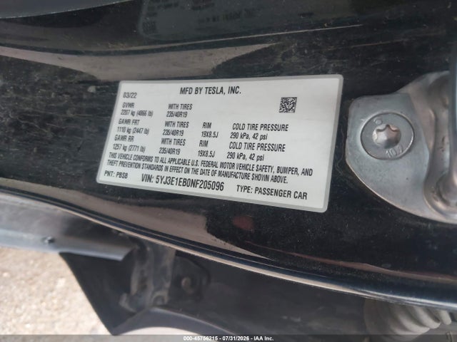 45756215 :رقم المزاد ، 5YJ3E1EB0NF205096 vin ، 2022 Tesla Model 3 Long Range Dual Motor All-wheel Drive مزاد بيع