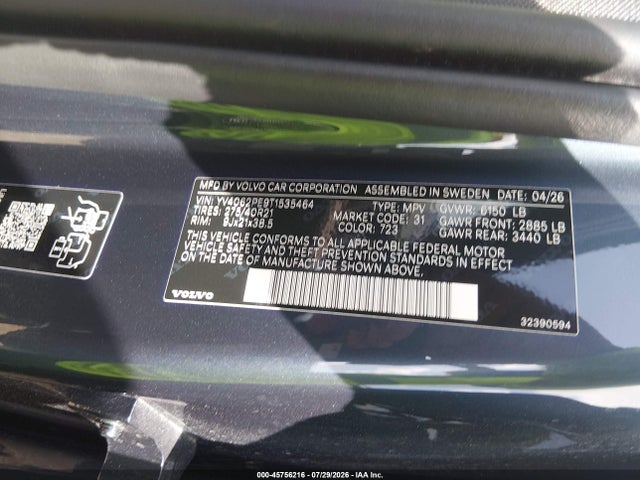 Продаж на аукціоні авто 2026 Volvo Xc90 Plus, B6 Awd Gas (mild Hybrid), Gasoline, Bright, 7 Seats, vin: YV4062PE9T1535464, номер лоту: 45756216