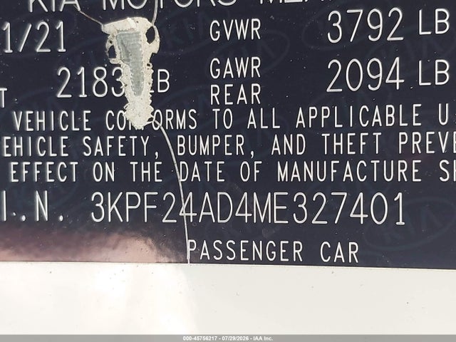 Продажа на аукционе авто 2021 Kia Forte Lxs, vin: 3KPF24AD4ME327401, номер лота: 45756217