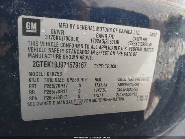 Продаж на аукціоні авто 2007 Gmc Sierra 1500 Sle1, vin: 2GTEK19J971679167, номер лоту: 45756237