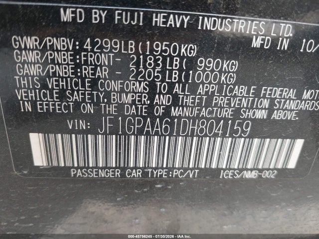 45756245 :رقم المزاد ، JF1GPAA61DH804159 vin ، 2013 Subaru Impreza 2.0i مزاد بيع