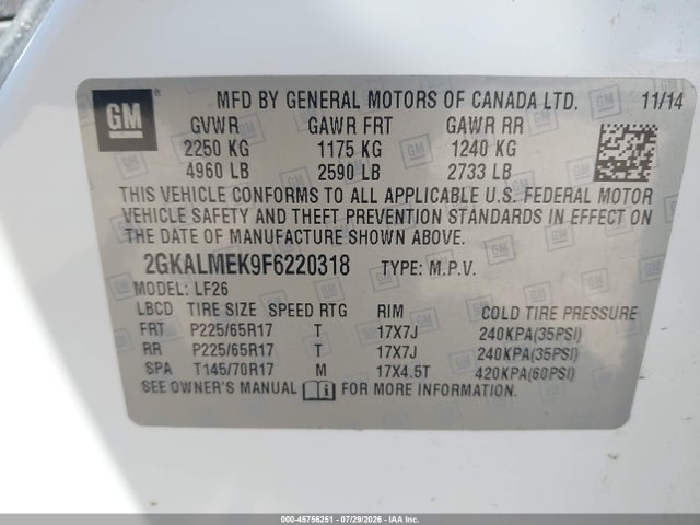 Продажа на аукционе авто 2015 Gmc Terrain Sle-1, vin: 2GKALMEK9F6220318, номер лота: 45756251