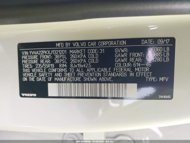 45756255 :رقم المزاد ، YV4A22PKXJ1321201 vin ، 2018 Volvo Xc90 T6 Momentum مزاد بيع