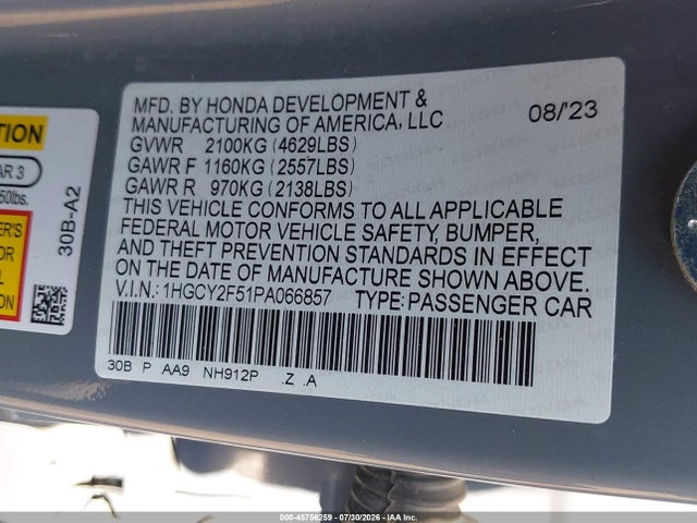 Aukcja sprzedaży 2023 Honda Accord Hybrid Sport, vin: 1HGCY2F51PA066857, numer aukcji: 45756259