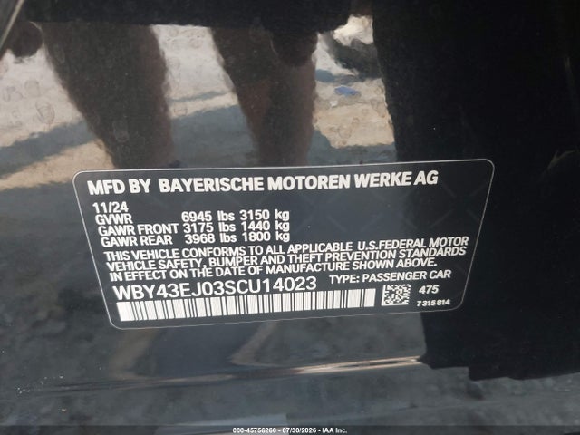 45756260 :رقم المزاد ، WBY43EJ03SCU14023 vin ، 2025 Bmw I7 Edrive50 مزاد بيع