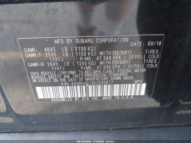 Продаж на аукціоні авто 2019 Subaru Outback 2.5i, vin: 4S4BSABC9K3230617, номер лоту: 45756262