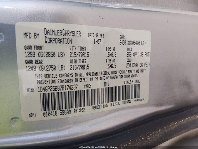 45756268 :رقم المزاد ، 1D4GP25B87B174237 vin ، 2007 Dodge Caravan Se مزاد بيع