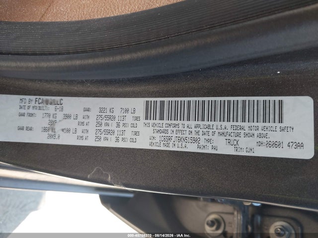45756270 :رقم المزاد ، 1C6SRFJT6KN515902 vin ، 2019 Ram 1500 Laramie مزاد بيع