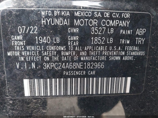 45756277 :رقم المزاد ، 3KPC24A68NE182966 vin ، 2022 Hyundai Accent Se مزاد بيع