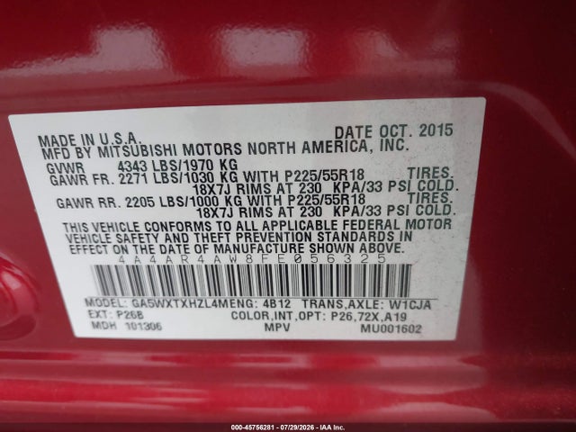 Продаж на аукціоні авто 2015 Mitsubishi Outlander Sport Gt, vin: 4A4AR4AW8FE056325, номер лоту: 45756281