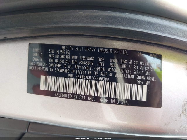 Aukcja sprzedaży 2012 Subaru Tribeca 3.6r Limited, vin: 4S4WX9KD1C4400300, numer aukcji: 45756288