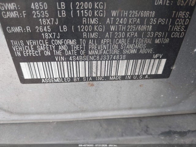 2018 Subaru Outback 3.6r Limited მანქანა იყიდება აუქციონზე, vin: 4S4BSENC8J3374838, აუქციონის ნომერი: 45756303