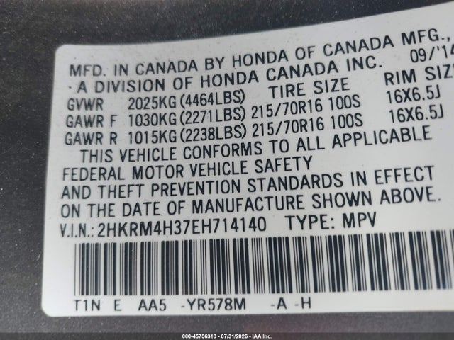 Продаж на аукціоні авто 2014 Honda Cr-v Lx, vin: 2HKRM4H37EH714140, номер лоту: 45756313
