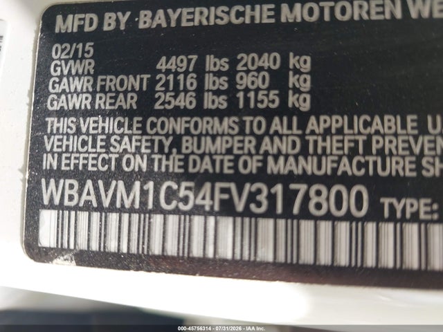 Продаж на аукціоні авто 2015 Bmw X1 Sdrive28i, vin: WBAVM1C54FV317800, номер лоту: 45756314