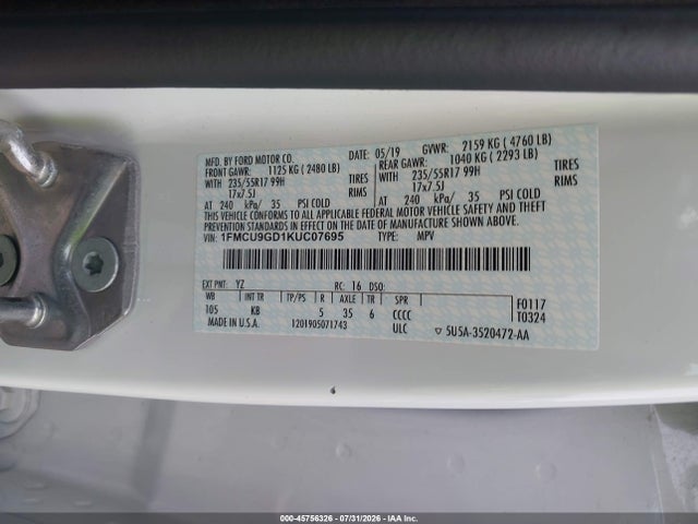 2019 Ford Escape Se მანქანა იყიდება აუქციონზე, vin: 1FMCU9GD1KUC07695, აუქციონის ნომერი: 45756326