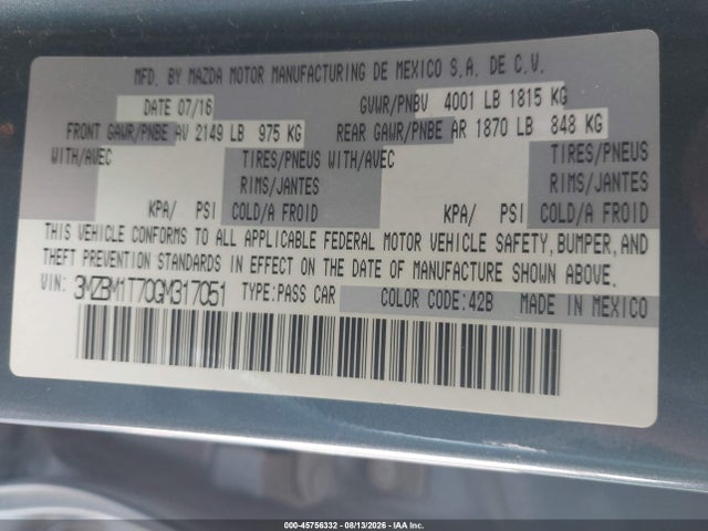45756332 :رقم المزاد ، 3MZBM1T70GM317051 vin ، 2016 Mazda Mazda3 I Sport مزاد بيع