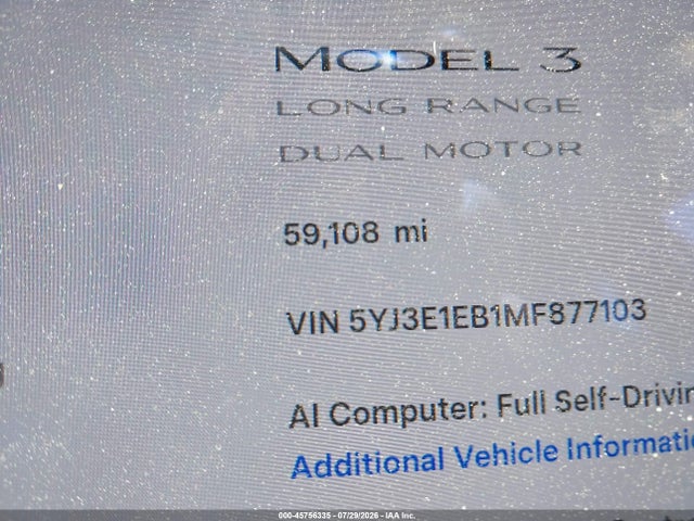 2021 Tesla Model 3 Long Range Dual Motor All-wheel Drive მანქანა იყიდება აუქციონზე, vin: 5YJ3E1EB1MF877103, აუქციონის ნომერი: 45756335