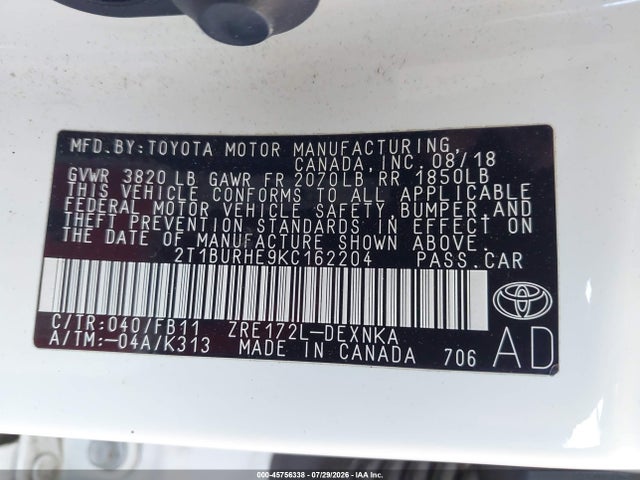 Auction sale of the 2019 Toyota Corolla Le, vin: 2T1BURHE9KC162204, lot number: 45756338