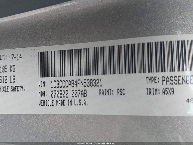 45756349 :رقم المزاد ، 1C3CCCAB4FN538321 vin ، 2015 Chrysler 200 Limited مزاد بيع