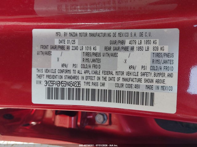 Продаж на аукціоні авто 2025 Mazda Mazda3 2.5 S Select Sport, vin: 3MZBPABM5SM464635, номер лоту: 45756351