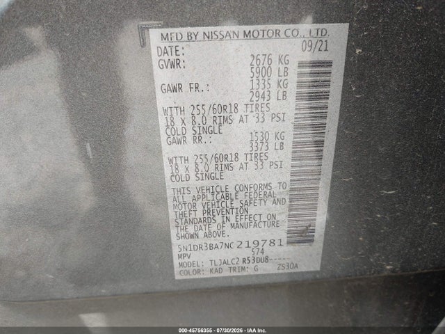 5N1DR3BA7NC219781 Nissan Pathfinder Sv 2wd