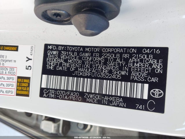 JTDKBRFU1G3522405 Toyota Prius Two