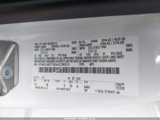 Aukcja sprzedaży 2016 Ford Escape S, vin: 1FMCU0F73GUC78203, numer aukcji: 45756361