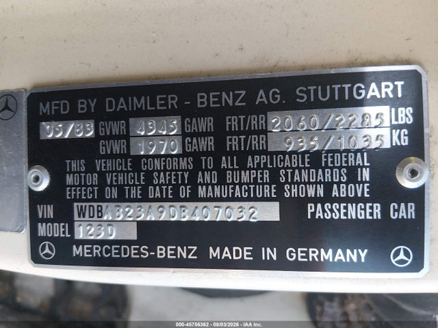 Продаж на аукціоні авто 1983 Mercedes-benz 240 D, vin: WDBAB23A9DB407032, номер лоту: 45756362