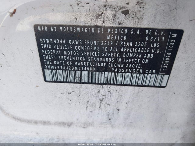 2013 Volkswagen Jetta Sportwagen 2.5l S მანქანა იყიდება აუქციონზე, vin: 3VWPP7AJ2DM674080, აუქციონის ნომერი: 45756381