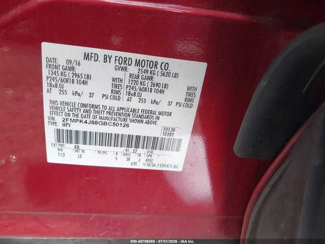 2016 Ford Edge Sel მანქანა იყიდება აუქციონზე, vin: 2FMPK4J88GBC50126, აუქციონის ნომერი: 45756388