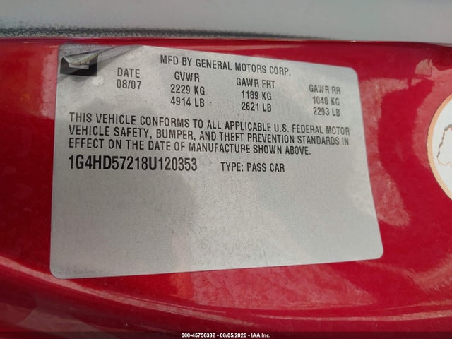Aukcja sprzedaży 2008 Buick Lucerne Cxl, vin: 1G4HD57218U120353, numer aukcji: 45756392