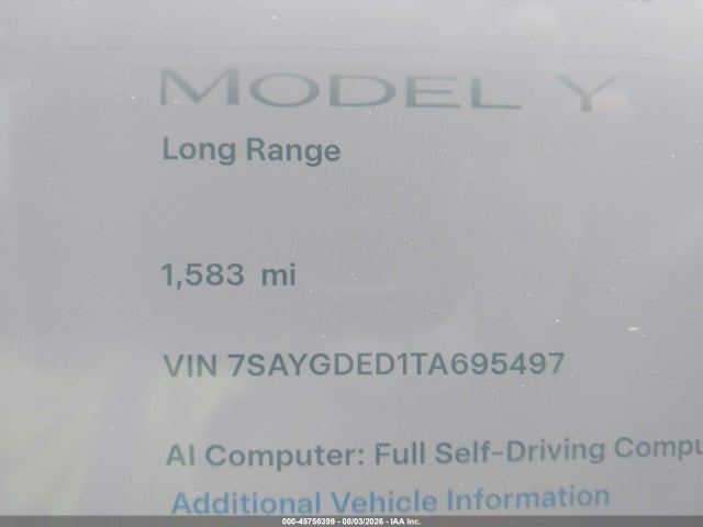 Продаж на аукціоні авто 2026 Tesla Model Y Premium Rear-wheel Drive/rear-wheel Drive, vin: 7SAYGDED1TA695497, номер лоту: 45756399