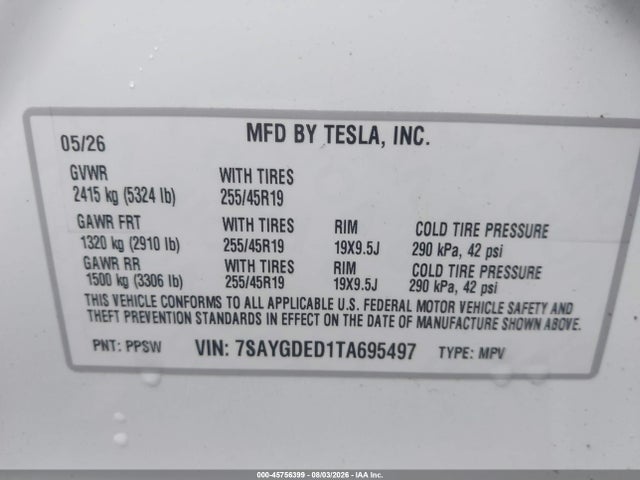 Продаж на аукціоні авто 2026 Tesla Model Y Premium Rear-wheel Drive/rear-wheel Drive, vin: 7SAYGDED1TA695497, номер лоту: 45756399