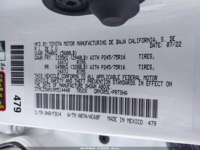 3TMCZ5AN1NM514440 Toyota Tacoma Sr V6