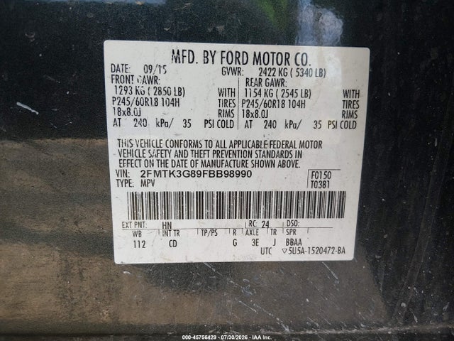 45756429 :رقم المزاد ، 2FMTK3G89FBB98990 vin ، 2015 Ford Edge Se مزاد بيع