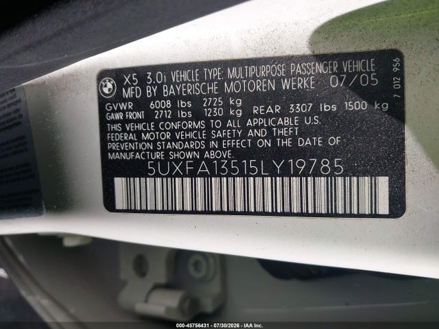 Продажа на аукционе авто 2005 Bmw X5 3.0i, vin: 5UXFA13515LY19785, номер лота: 45756431