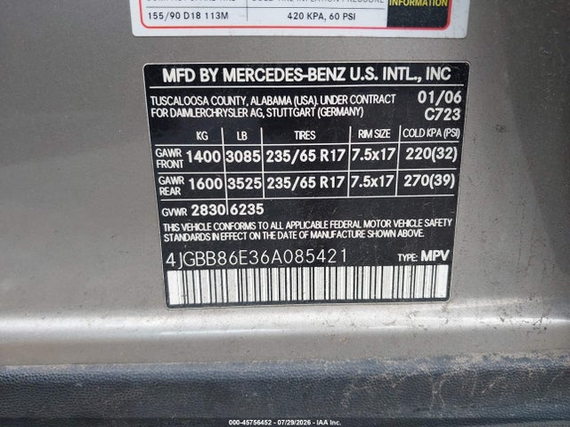 45756452 :رقم المزاد ، 4JGBB86E36A085421 vin ، 2006 Mercedes-benz Ml 350 4matic مزاد بيع