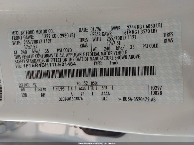 45756456 :رقم المزاد ، 1FTER4BH1TLE01484 vin ، 2026 Ford Ranger Xl مزاد بيع