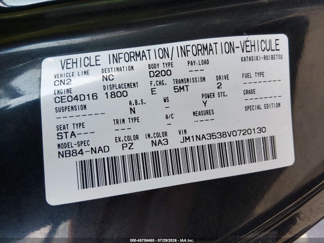 1997 Mazda Mx-5 Miata Leather Pkg/m Edition/popular Equipment Pkg/r Pkg./sto/sto-edition/touring Pkg მანქანა იყიდება აუქციონზე, vin: JM1NA3538V0720130, აუქციონის ნომერი: 45756460