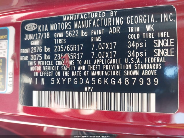 2019 Kia Sorento 3.3l Lx მანქანა იყიდება აუქციონზე, vin: 5XYPGDA56KG487939, აუქციონის ნომერი: 45756465