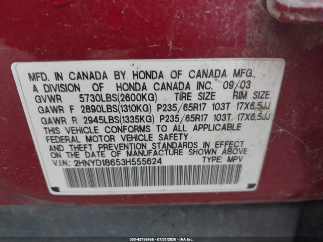 Продаж на аукціоні авто 2003 Acura Mdx, vin: 2HNYD18653H555624, номер лоту: 45756466