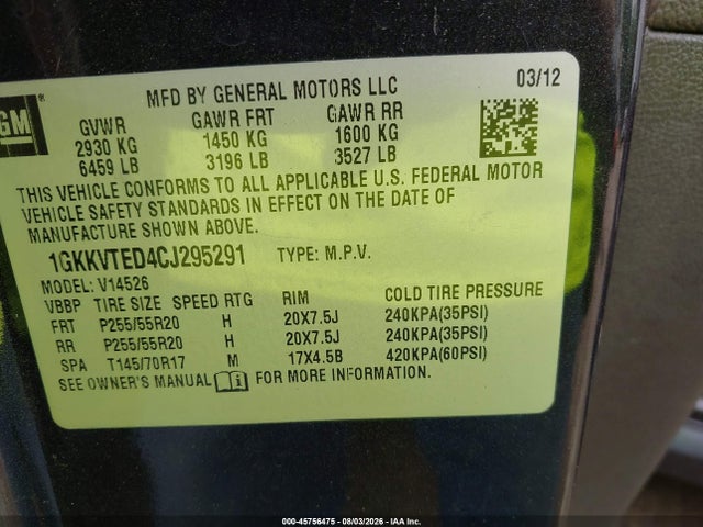 Продаж на аукціоні авто 2012 Gmc Acadia Denali, vin: 1GKKVTED4CJ295291, номер лоту: 45756475