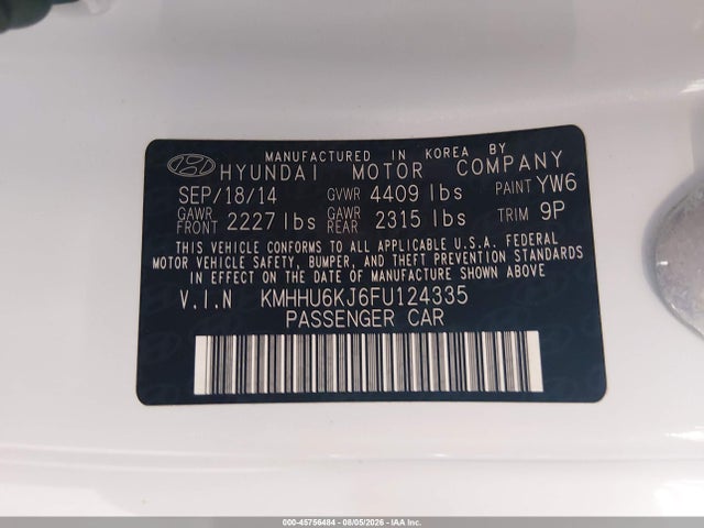 2015 Hyundai Genesis 3.8 Base მანქანა იყიდება აუქციონზე, vin: KMHHU6KJ6FU124335, აუქციონის ნომერი: 45756484