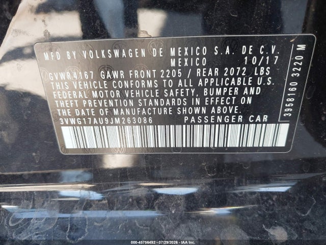Aukcja sprzedaży 2018 Volkswagen Golf Tsi S/tsi Se, vin: 3VWG17AU9JM263086, numer aukcji: 45756492