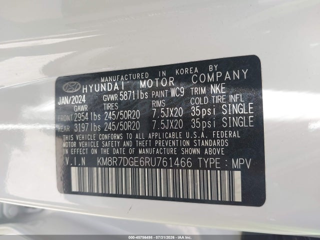 Продаж на аукціоні авто 2024 Hyundai Palisade Calligraphy Night Edition, vin: KM8R7DGE6RU761466, номер лоту: 45756498