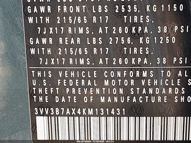 2019 Volkswagen Tiguan მანქანა იყიდება აუქციონზე, vin: 3VV3B7AX4KM131431, აუქციონის ნომერი: 45756509