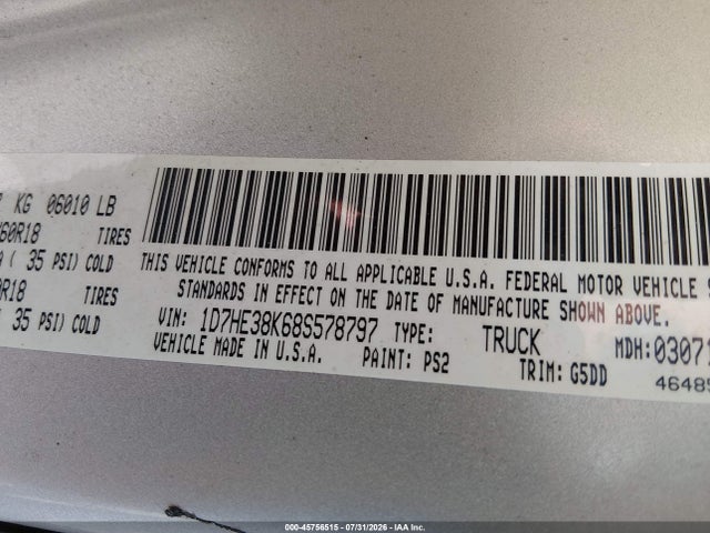 Aukcja sprzedaży 2008 Dodge Dakota Sxt/bighorn/lonestar, vin: 1D7HE38K68S578797, numer aukcji: 45756515