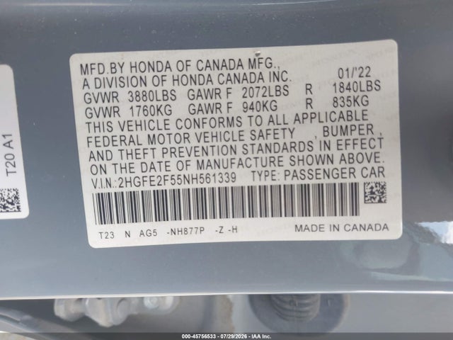 Продажа на аукционе авто 2022 Honda Civic Sport, vin: 2HGFE2F55NH561339, номер лота: 45756533