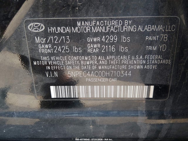 2013 Hyundai Sonata Limited მანქანა იყიდება აუქციონზე, vin: 5NPEC4AC0DH710344, აუქციონის ნომერი: 45756548