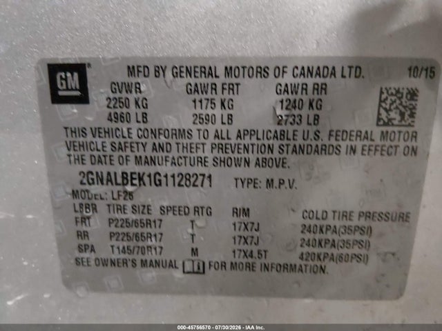 Продаж на аукціоні авто 2016 Chevrolet Equinox Ls, vin: 2GNALBEK1G1128271, номер лоту: 45756570